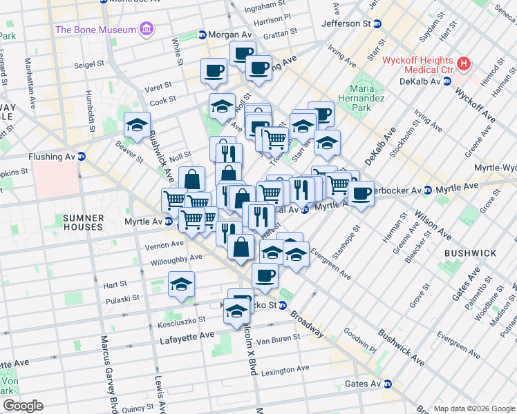 map of restaurants, bars, coffee shops, grocery stores, and more near in Brooklyn