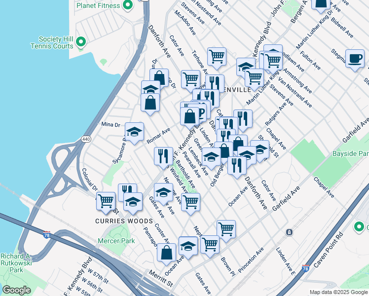 map of restaurants, bars, coffee shops, grocery stores, and more near 1657 John F. Kennedy Boulevard in Jersey City