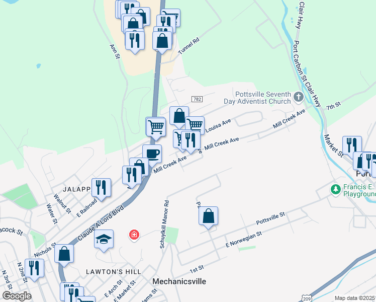 map of restaurants, bars, coffee shops, grocery stores, and more near 155 Mill Creek Ave in Pottsville