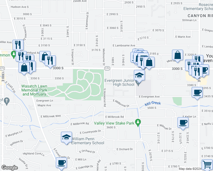 map of restaurants, bars, coffee shops, grocery stores, and more near 3361 Honeycut Road in Salt Lake City