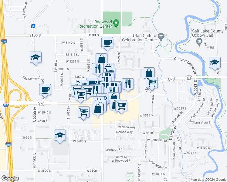 map of restaurants, bars, coffee shops, grocery stores, and more near 3447 South Redwood Road in West Valley City