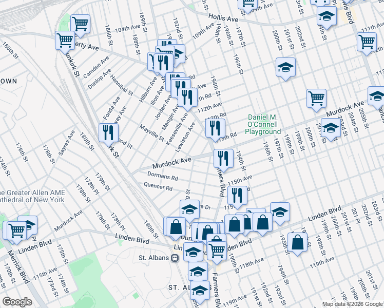 map of restaurants, bars, coffee shops, grocery stores, and more near 189-02 113th Avenue in Queens