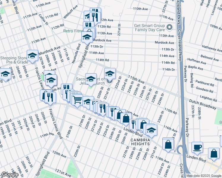 map of restaurants, bars, coffee shops, grocery stores, and more near 115-60 222nd Street in Queens