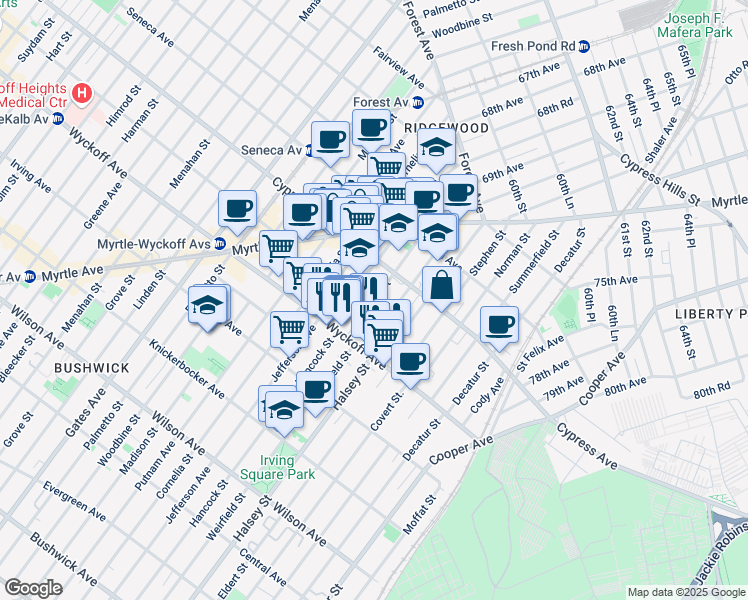 map of restaurants, bars, coffee shops, grocery stores, and more near 16-55 Weirfield Street in Queens