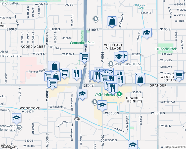 map of restaurants, bars, coffee shops, grocery stores, and more near 3427 South 3690 West in West Valley City