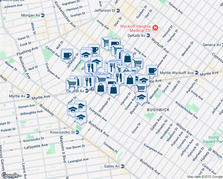 map of restaurants, bars, coffee shops, grocery stores, and more near 1296 Myrtle Avenue in Brooklyn