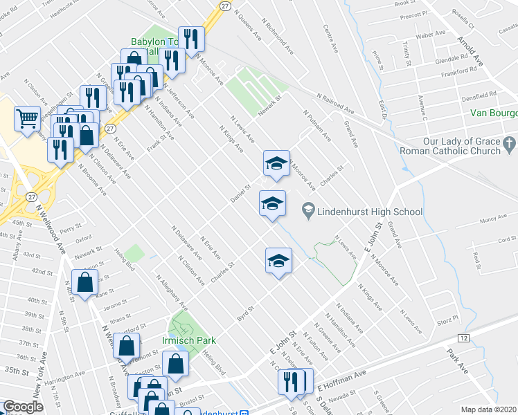 map of restaurants, bars, coffee shops, grocery stores, and more near 454 North Indiana Avenue in Lindenhurst