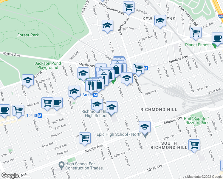 map of restaurants, bars, coffee shops, grocery stores, and more near 8711 114th Street in Queens