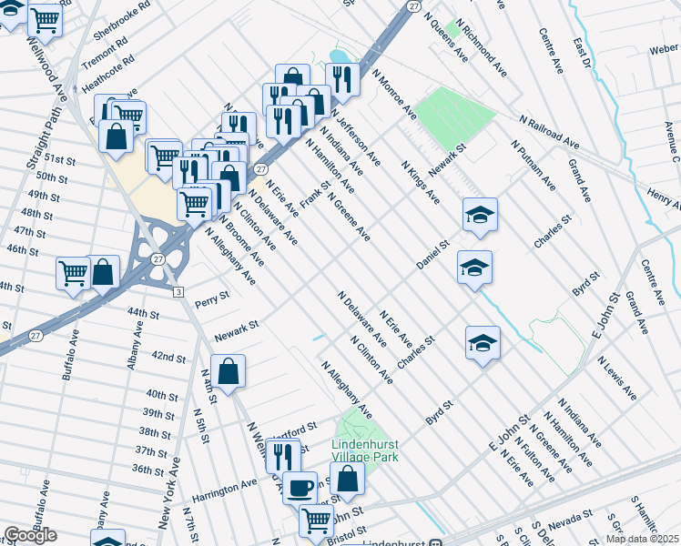 map of restaurants, bars, coffee shops, grocery stores, and more near 581 North Erie Avenue in Lindenhurst