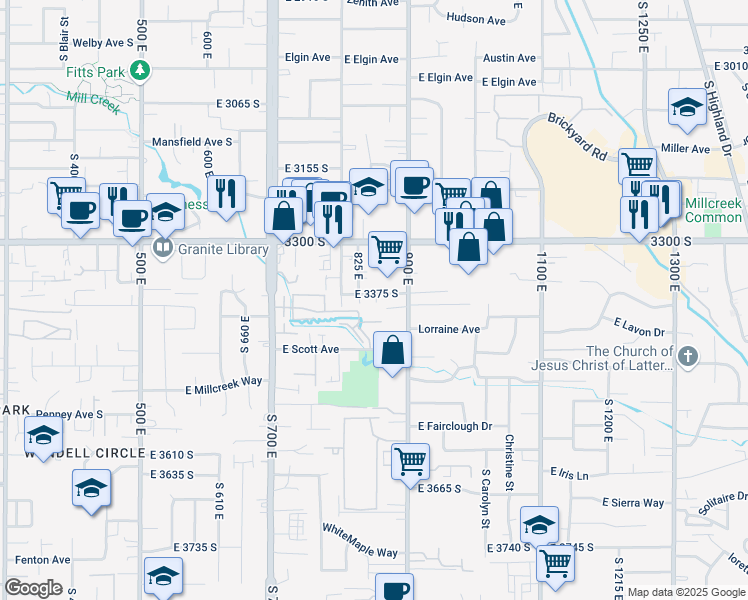 map of restaurants, bars, coffee shops, grocery stores, and more near 850 East 3375 South in Millcreek