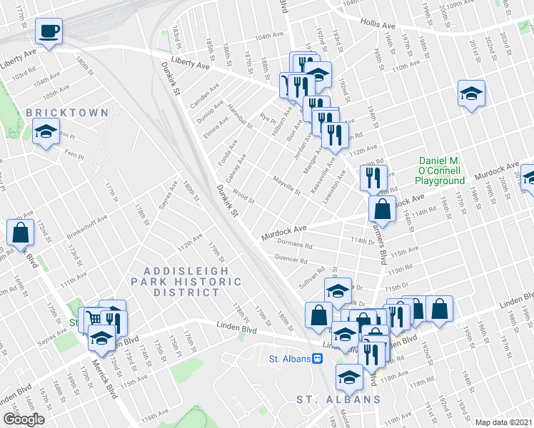 map of restaurants, bars, coffee shops, grocery stores, and more near 185-40 Jordan Avenue in Queens