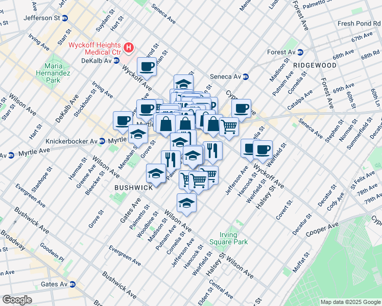 map of restaurants, bars, coffee shops, grocery stores, and more near 351 Irving Avenue in Brooklyn