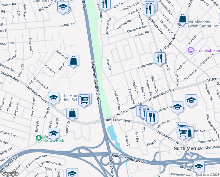 map of restaurants, bars, coffee shops, grocery stores, and more near 1339 Bea Court in East Meadow