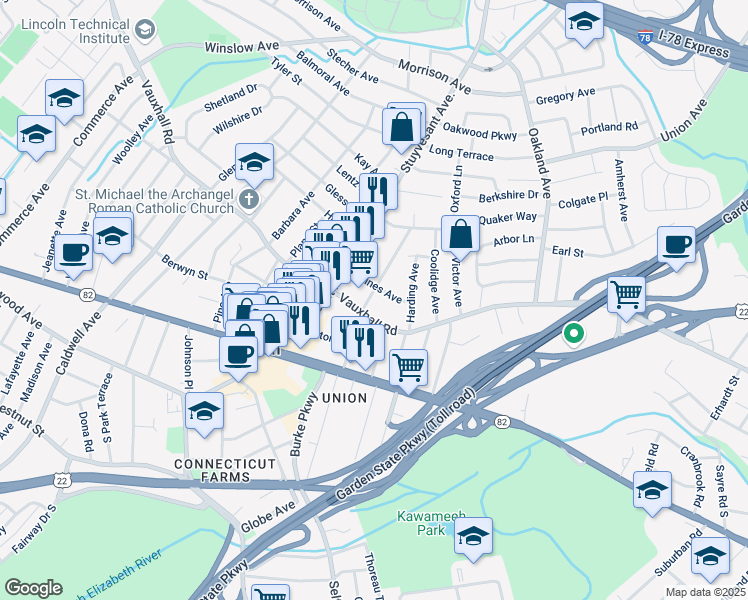 map of restaurants, bars, coffee shops, grocery stores, and more near 1213 Grandview Avenue in Union