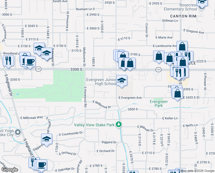map of restaurants, bars, coffee shops, grocery stores, and more near 1968 East 3375 South Street in Salt Lake City