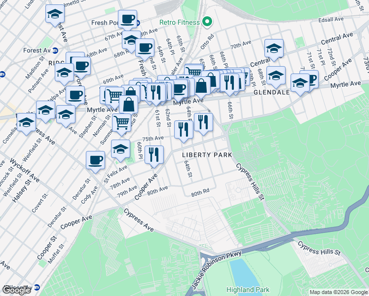 map of restaurants, bars, coffee shops, grocery stores, and more near 64-16 Cooper Avenue in Queens