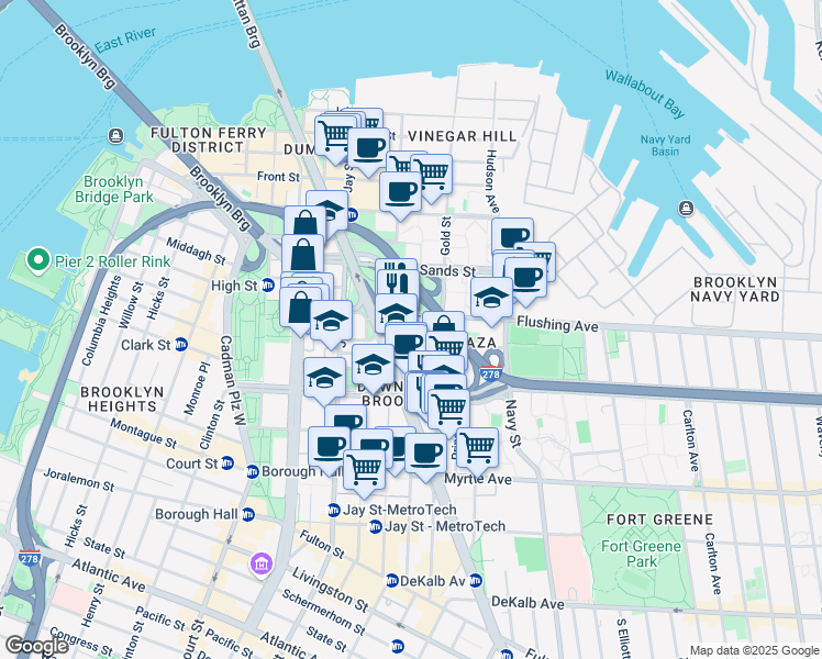 map of restaurants, bars, coffee shops, grocery stores, and more near 189 Bridge Street in Brooklyn
