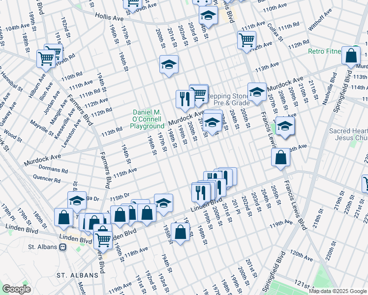 map of restaurants, bars, coffee shops, grocery stores, and more near 114-64 199th Street in Queens