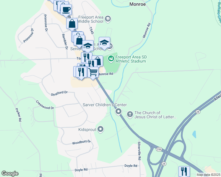 map of restaurants, bars, coffee shops, grocery stores, and more near 727 South Pike Road in Sarver