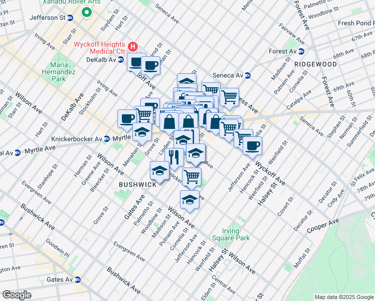 map of restaurants, bars, coffee shops, grocery stores, and more near 343 Palmetto Street in Brooklyn
