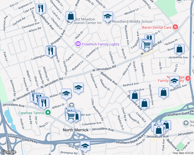map of restaurants, bars, coffee shops, grocery stores, and more near 1720 Spencer Avenue in Merrick