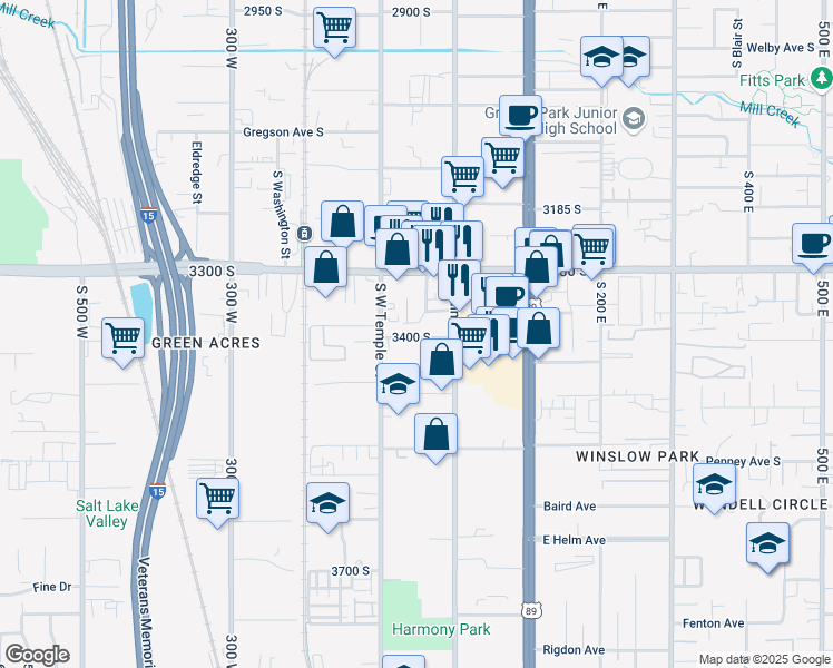 map of restaurants, bars, coffee shops, grocery stores, and more near 48 West 3400 South in South Salt Lake
