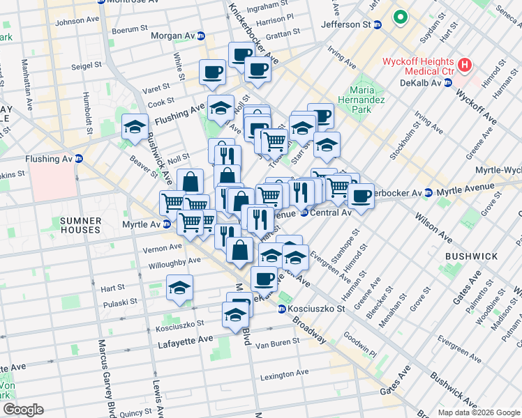 map of restaurants, bars, coffee shops, grocery stores, and more near 208 Evergreen Avenue in Kings County