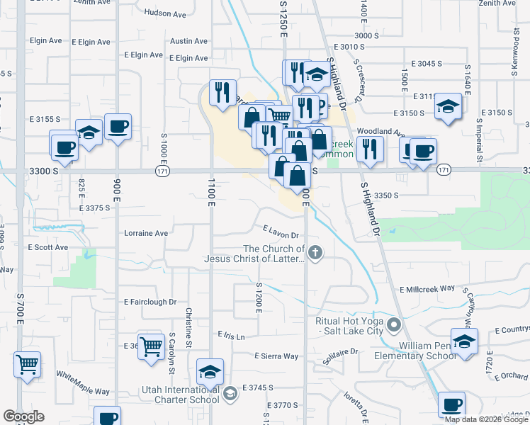 map of restaurants, bars, coffee shops, grocery stores, and more near 1206 East Ridgedale Lane in Salt Lake City