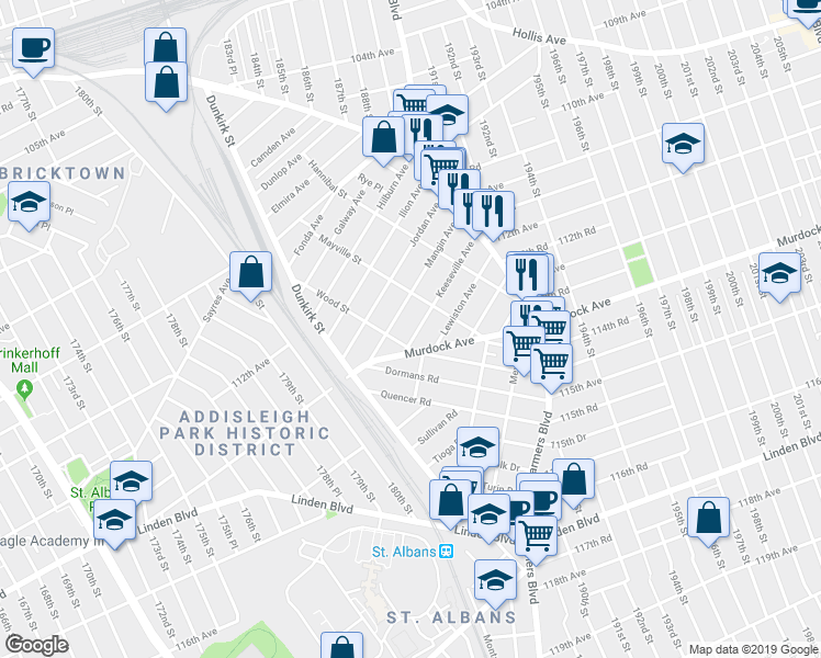 map of restaurants, bars, coffee shops, grocery stores, and more near 187-15 Keeseville Avenue in Queens