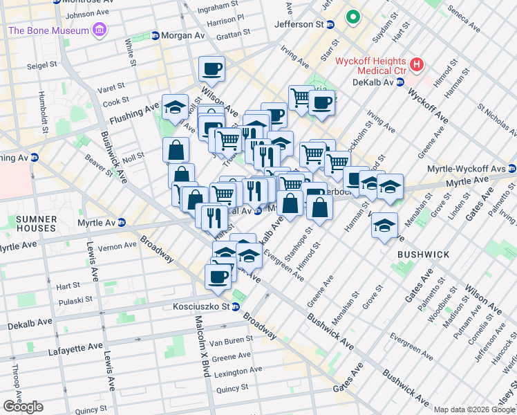 map of restaurants, bars, coffee shops, grocery stores, and more near 1248 Myrtle Avenue in Brooklyn