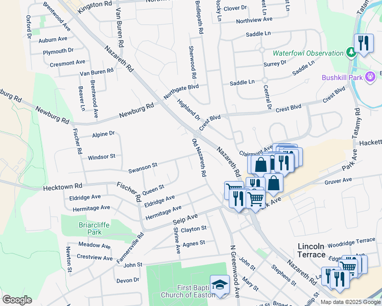 map of restaurants, bars, coffee shops, grocery stores, and more near 2607 Swanson Street in Easton