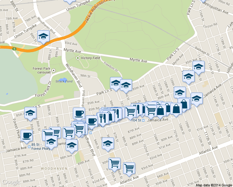 map of restaurants, bars, coffee shops, grocery stores, and more near 84-10 101st Street in Queens