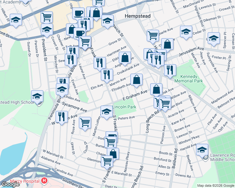 map of restaurants, bars, coffee shops, grocery stores, and more near 19 Hudson Place in Hempstead