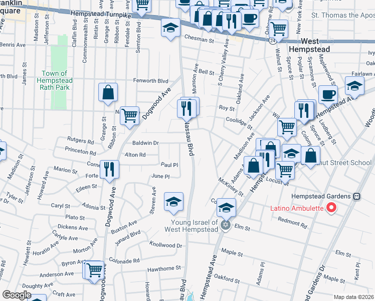 map of restaurants, bars, coffee shops, grocery stores, and more near 300 Nassau Boulevard in West Hempstead