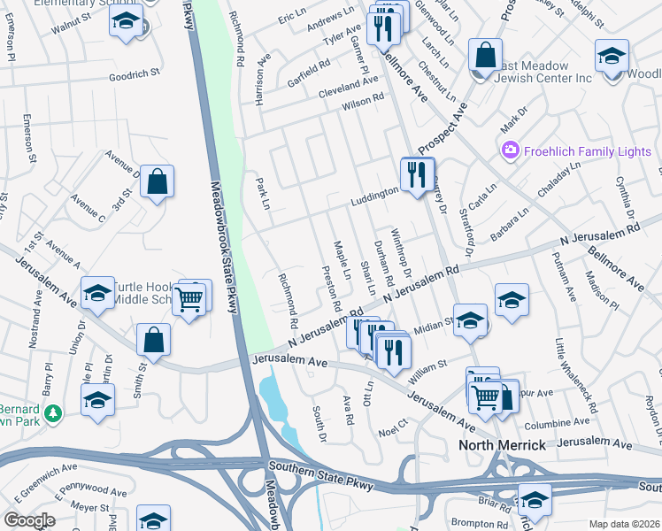 map of restaurants, bars, coffee shops, grocery stores, and more near 891 Preston Rd in East Meadow