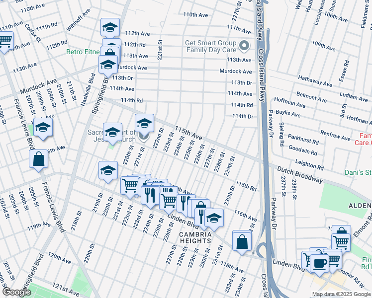 map of restaurants, bars, coffee shops, grocery stores, and more near 115-36 225th Street in Queens