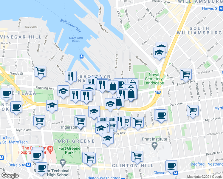 map of restaurants, bars, coffee shops, grocery stores, and more near 131 Flushing Avenue in Brooklyn