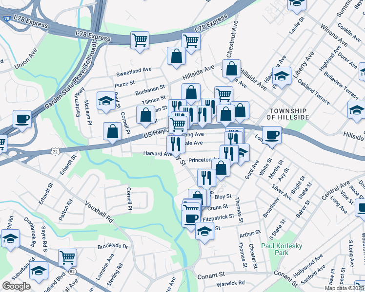 map of restaurants, bars, coffee shops, grocery stores, and more near 428 Yale Avenue in Hillside