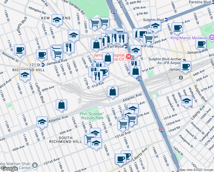 map of restaurants, bars, coffee shops, grocery stores, and more near 130-17 92nd Avenue in Queens