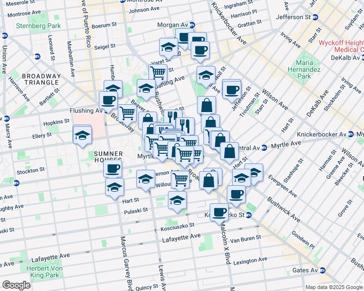 map of restaurants, bars, coffee shops, grocery stores, and more near 34 Melrose Street in Brooklyn