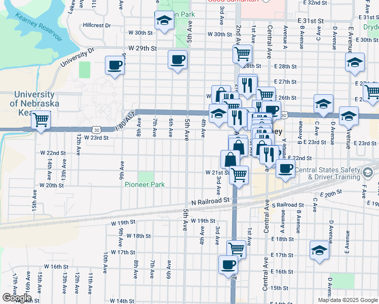 map of restaurants, bars, coffee shops, grocery stores, and more near 421 West 22nd Street in Kearney