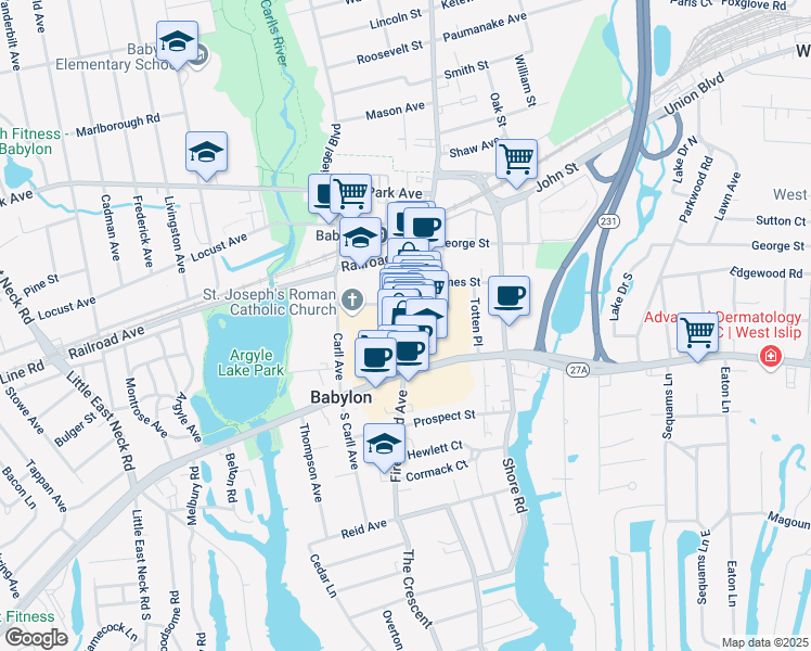 map of restaurants, bars, coffee shops, grocery stores, and more near 90 Deer Park Avenue in Babylon