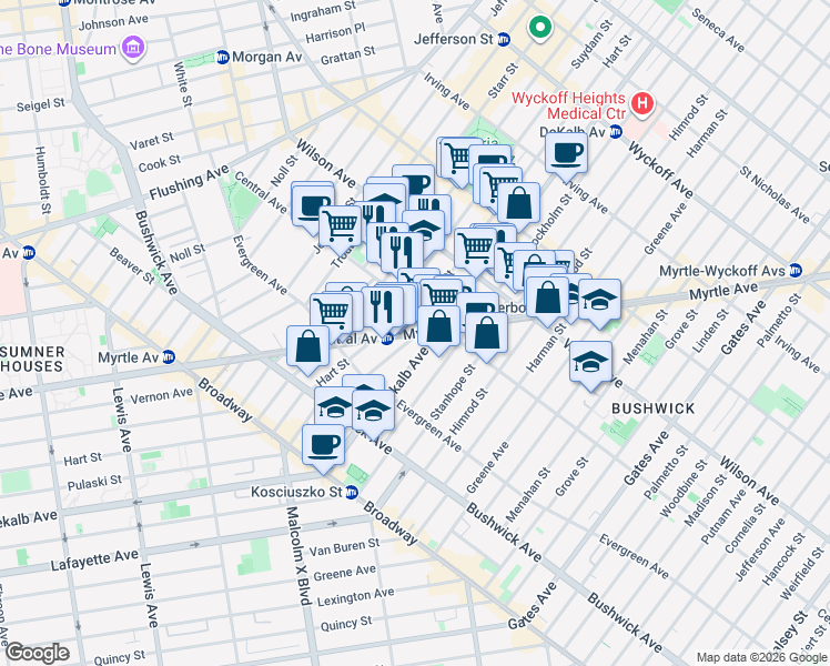 map of restaurants, bars, coffee shops, grocery stores, and more near 1300 Myrtle Avenue in Brooklyn