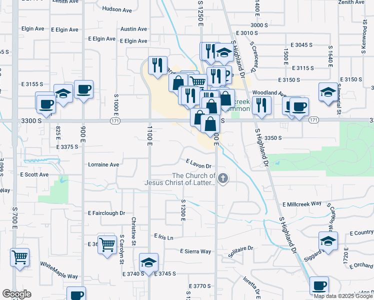 map of restaurants, bars, coffee shops, grocery stores, and more near 1206 East Ridgedale Lane in Salt Lake City