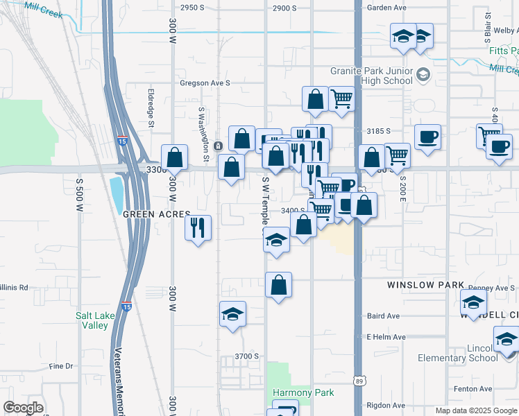 map of restaurants, bars, coffee shops, grocery stores, and more near 3378 South West Temple in South Salt Lake