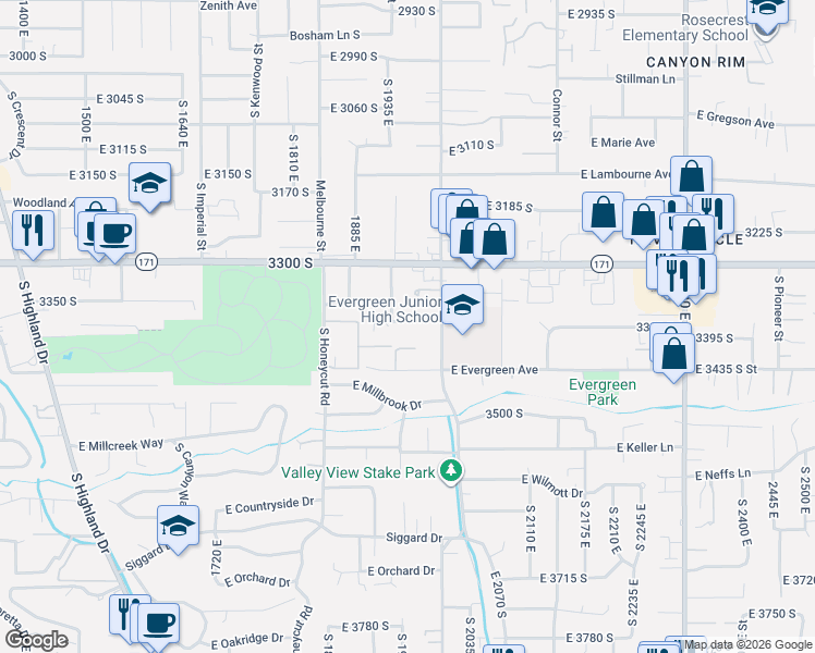map of restaurants, bars, coffee shops, grocery stores, and more near 1964 East 3375 South in Salt Lake City