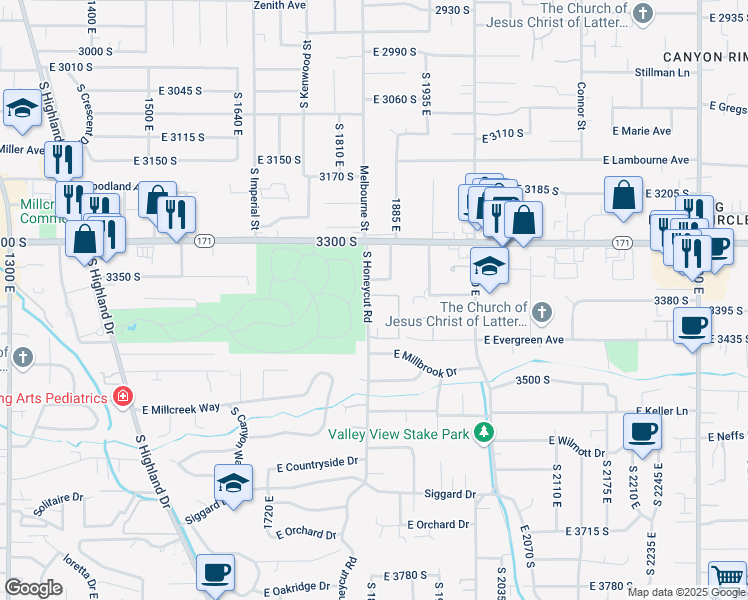 map of restaurants, bars, coffee shops, grocery stores, and more near 3361 Honeycut Road in Salt Lake City