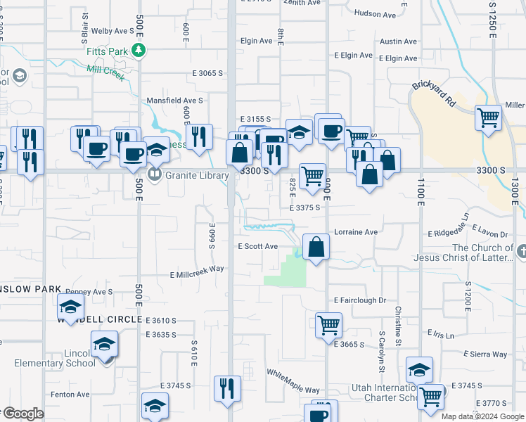 map of restaurants, bars, coffee shops, grocery stores, and more near 3379 Shady Creek Place in Salt Lake City