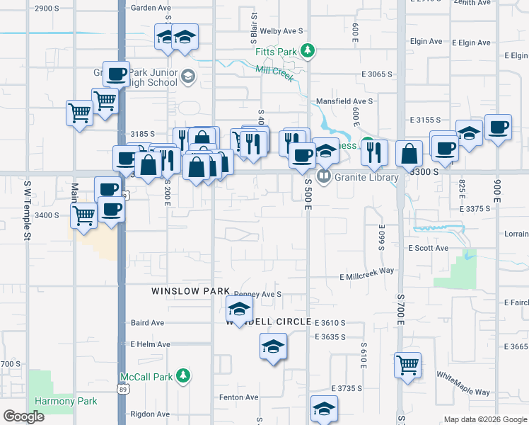 map of restaurants, bars, coffee shops, grocery stores, and more near 441 East 3400 South in South Salt Lake