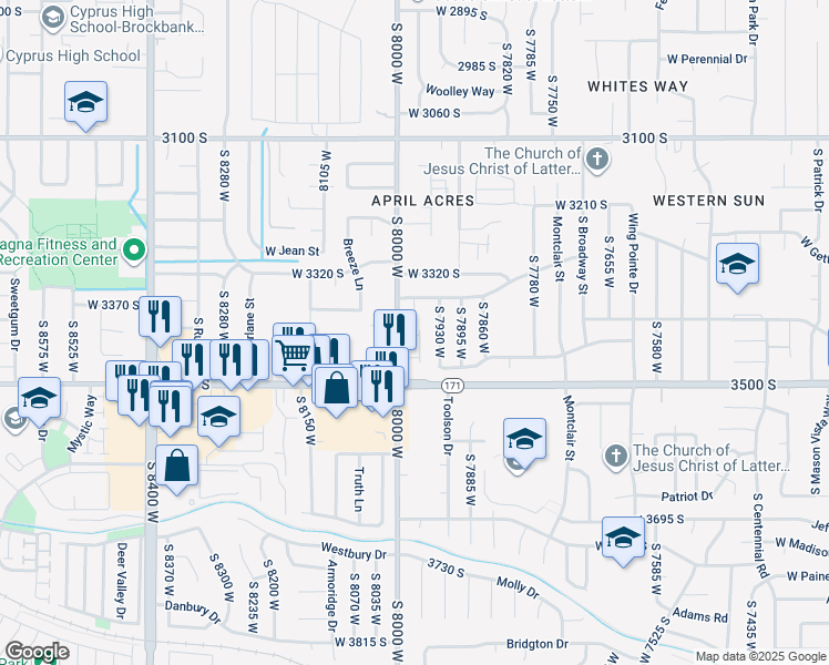 map of restaurants, bars, coffee shops, grocery stores, and more near 3414 Melanie Cove in Magna